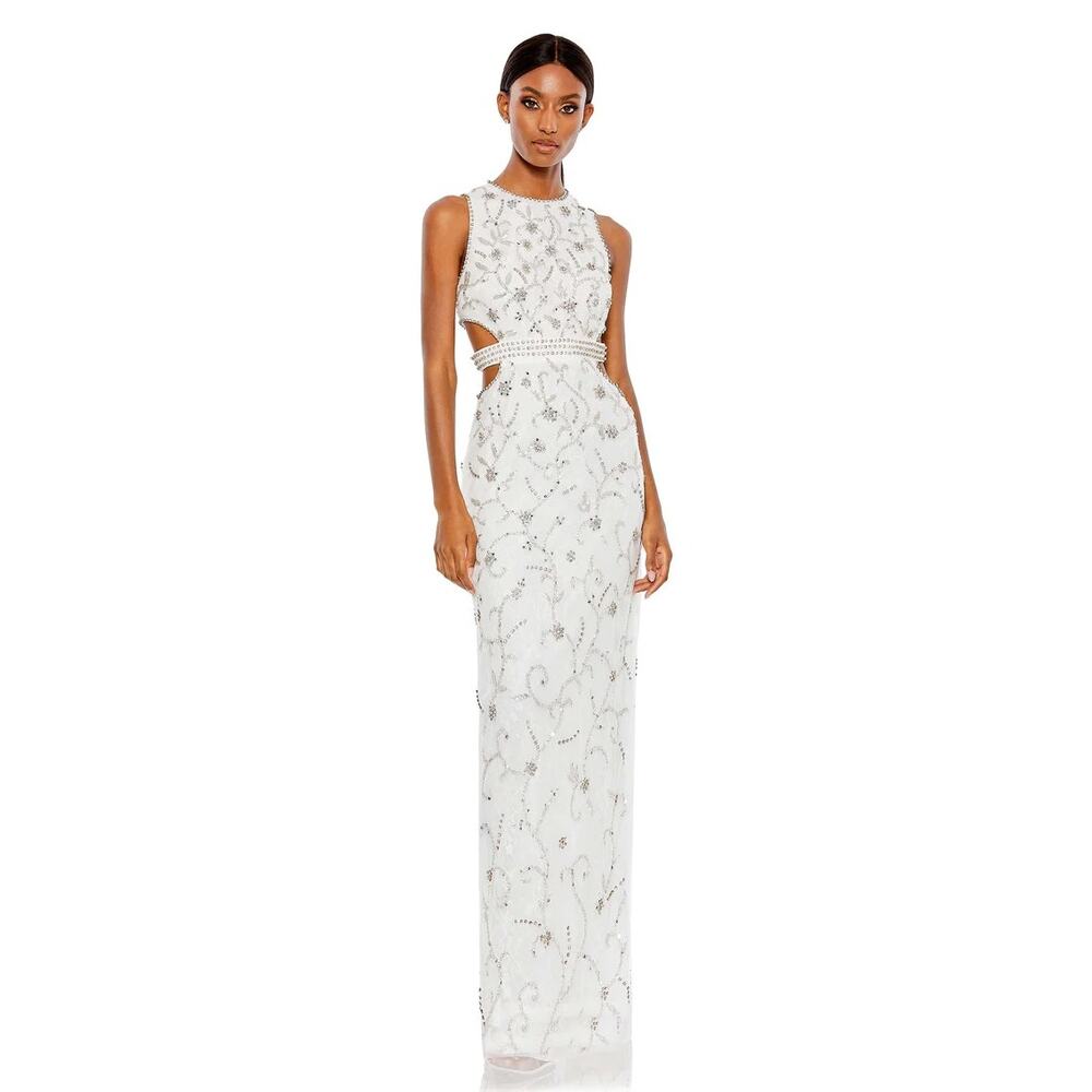 Mac Duggal‎ 10873 White Beaded Sleeveless High Neck Cut Out Column Gown Size 10